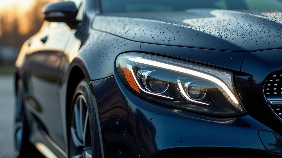 Close-up view of a car's shiny exterior after detailing