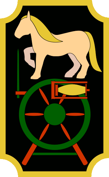 Horse 'n' Round Studio logo: a draft horse over a spinning wheel, like an old-world pub sign