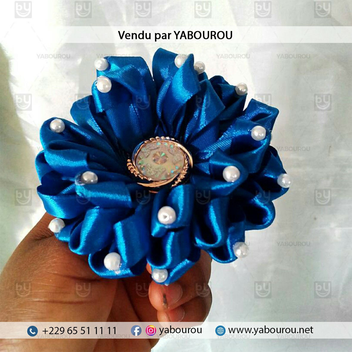 PINCE CHOUCHOU POUR CHEVEUX RUBAN TISSU ET PERLES 1