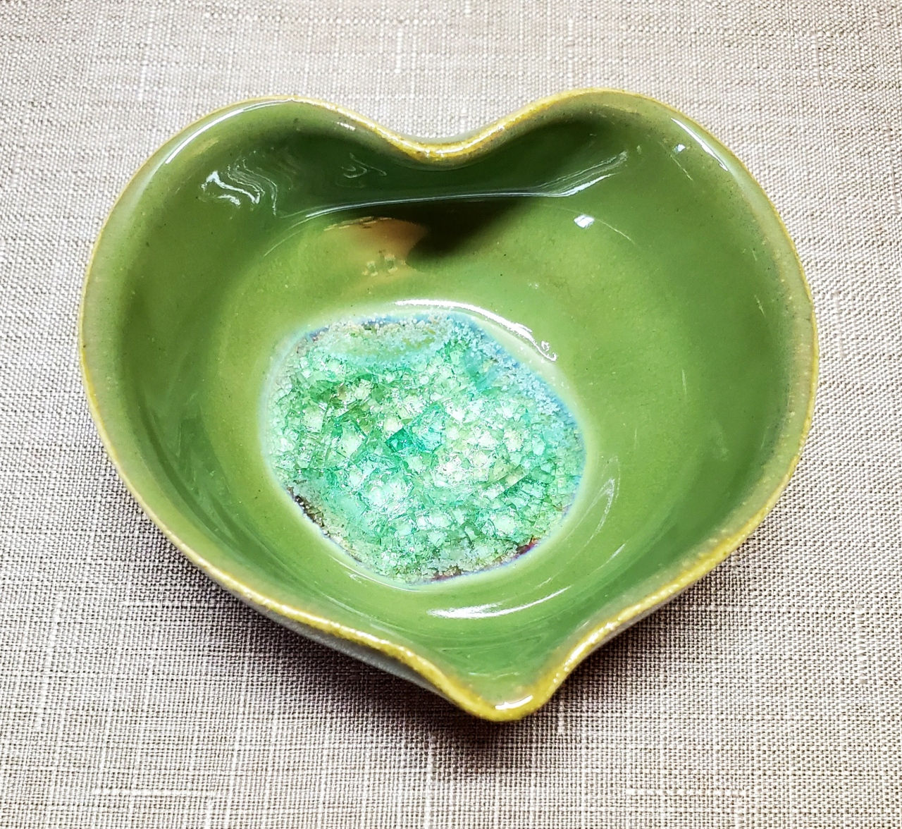 Trinket Heart Dish with lustrous jade glaze and crckled glass bottom