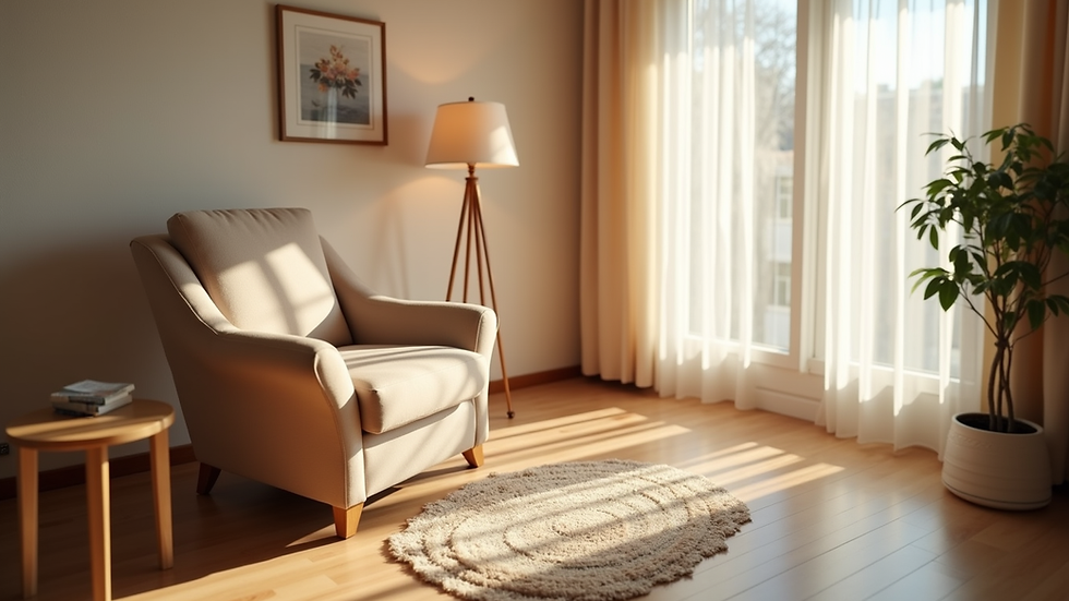 Eye-level view of a cozy therapy room with a comfortable chair and soft lighting