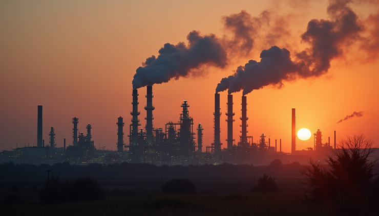 Eye-level view of an oil refinery with smoke stacks during a sunset