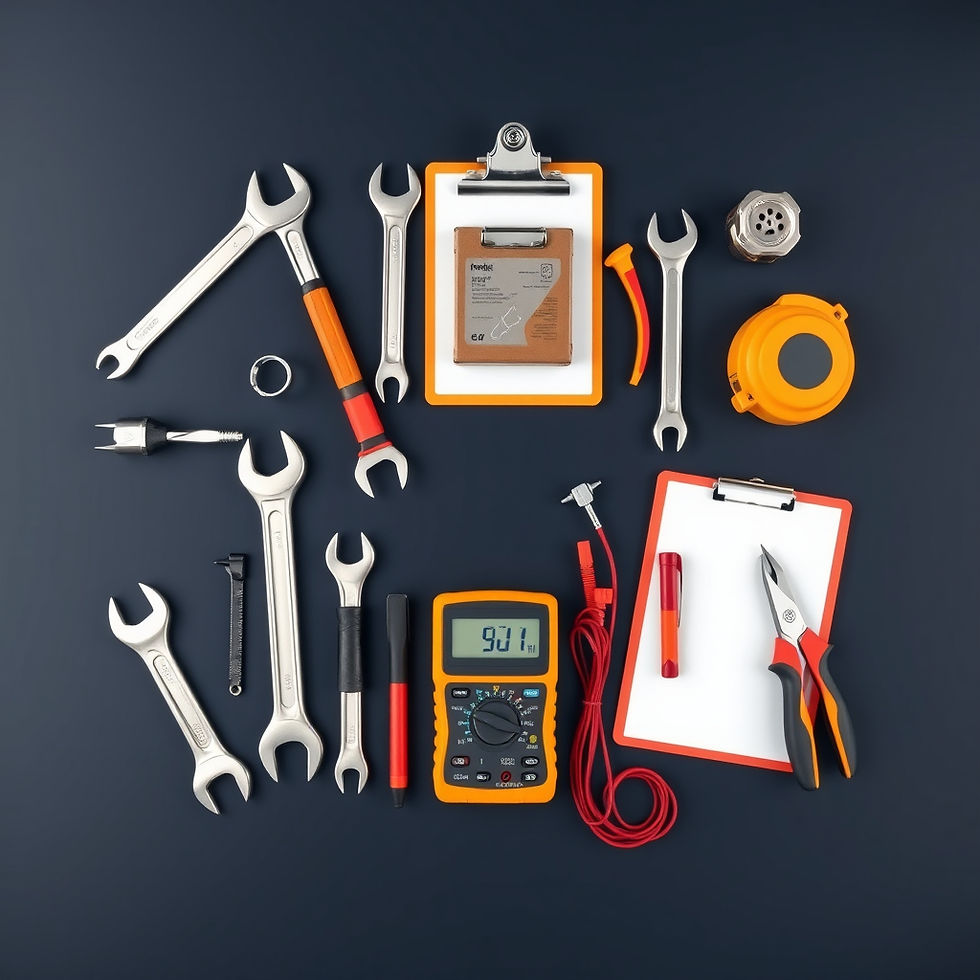 Wide aerial top-down flat lay of professional technical service tools — wrenches, multimet