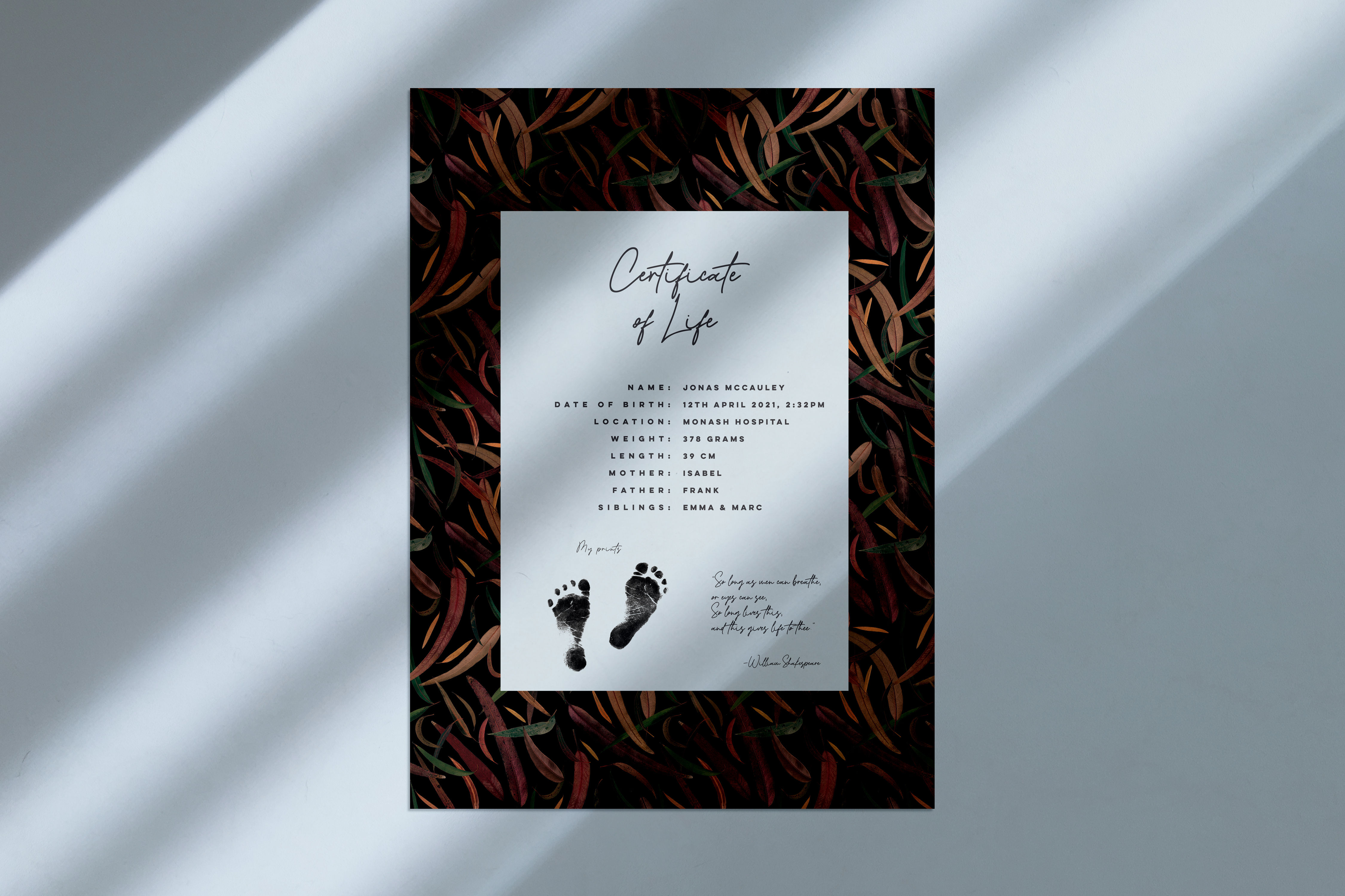 Certificate of Life - Black Gum Leaves