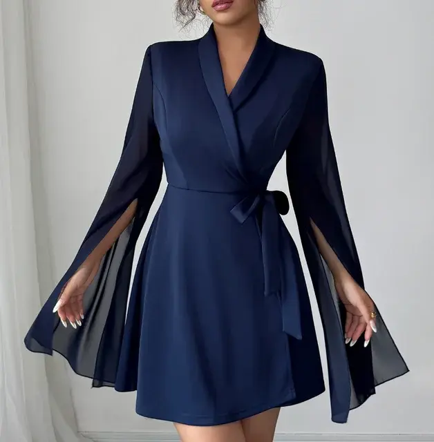 Women's Elegant Long Sleeve Tied Dress Basic Style Female Daily Clothing Tempera