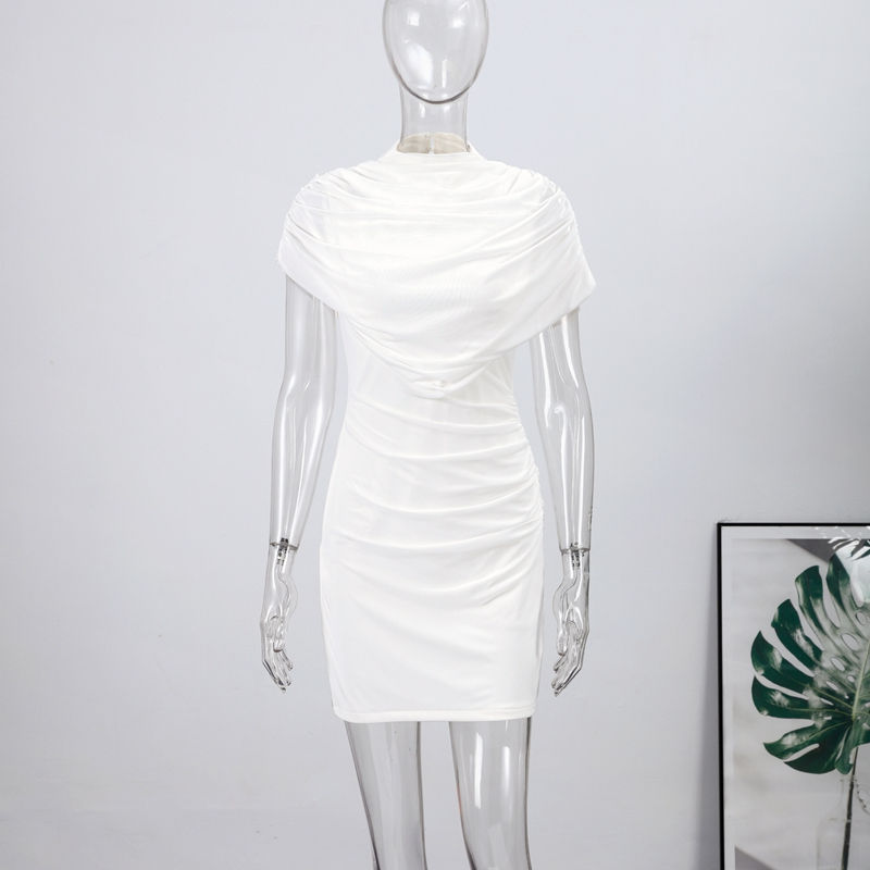 Thumbnail: Elegant Mesh Shawl Short Dress Women Pleated Half High Collar Sleeveless Female 