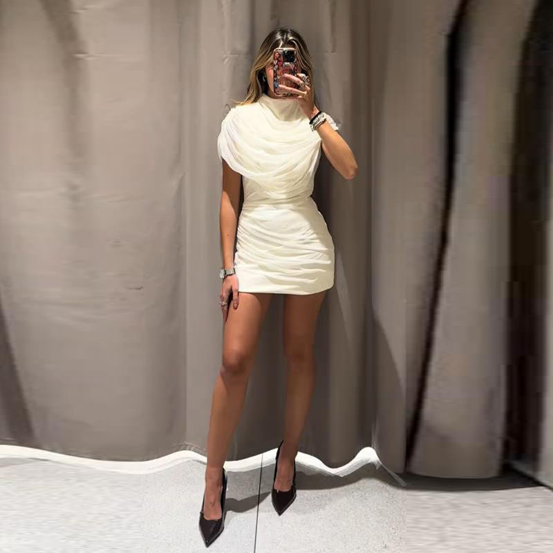 Thumbnail: Elegant Mesh Shawl Short Dress Women Pleated Half High Collar Sleeveless Female 