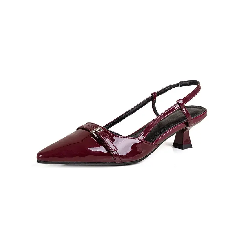 Thumbnail: 2024 New Summer French Wine Red Pointed Patent Leather Mid-heel Overhead Sandals