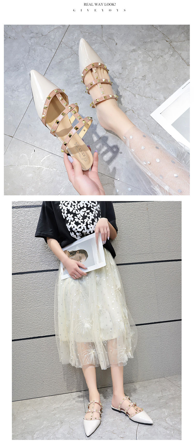 Thumbnail: Ladies Closed Toe Slippers Shiny Patent Leather Slip-On with Rivets Mixed Colors