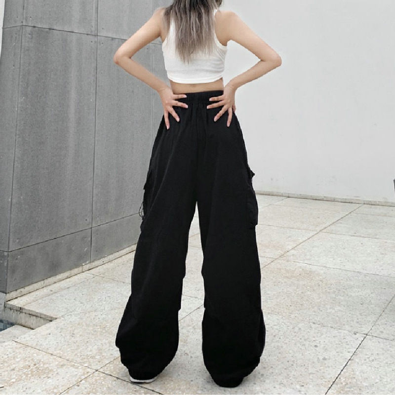 Thumbnail: Women Casual Cargo Pant Solid Low Waist Drawstring Big Pockets Wide Leg Baggy Tr