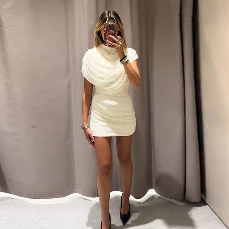 Thumbnail: Elegant Mesh Shawl Short Dress Women Pleated Half High Collar Sleeveless Female 
