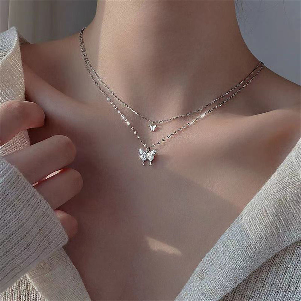 Thumbnail: New Shiny Butterfly Necklace Ladies Exquisite Double Layer Clavicle Chain Neckla