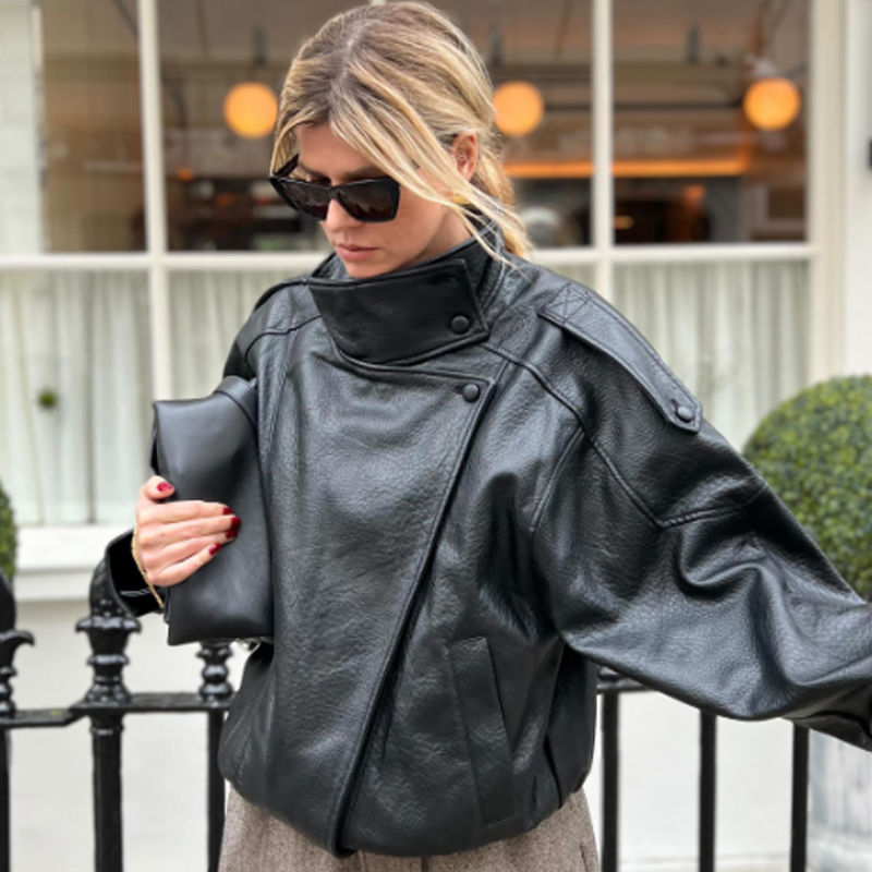 Thumbnail: HXAO New Arrival Women's Bomber Jacket Leather Black Jackets Cropped Oversize Ou