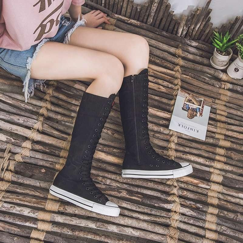 Thumbnail: Women's Casual Motion Canvas Knee-High Boot Cross Tied Side Zipper Comfortable F