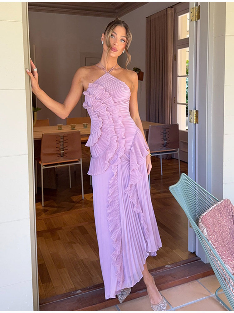 Thumbnail: Elegant Purple Halter A Line Prom Gowns Ruffles Tiered Backless Party Gown Summe