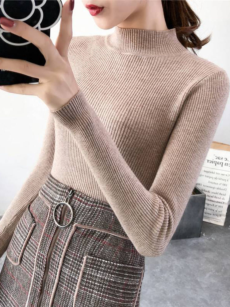 Thumbnail: Autumn Winter Mock Neck Women Sweater Vintage Basic Solid Knitted Tops Casual Sl