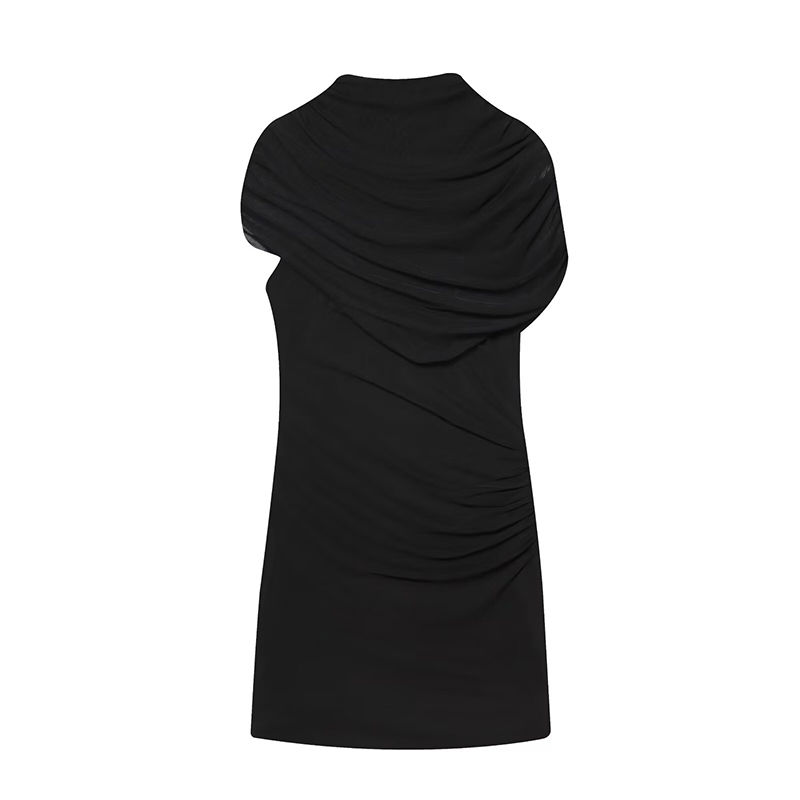 Thumbnail: Elegant Mesh Shawl Short Dress Women Pleated Half High Collar Sleeveless Female 