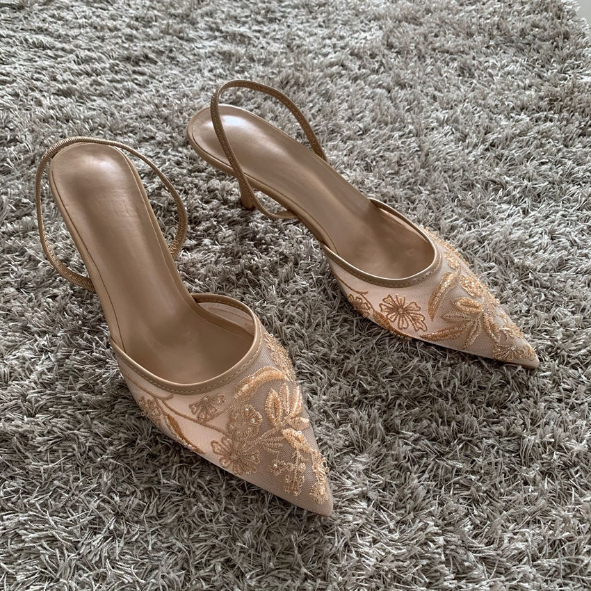 Thumbnail: 2026 String Bead Mesh Embroider Slingback High Heels Women Sexy Pointed Toe Heel