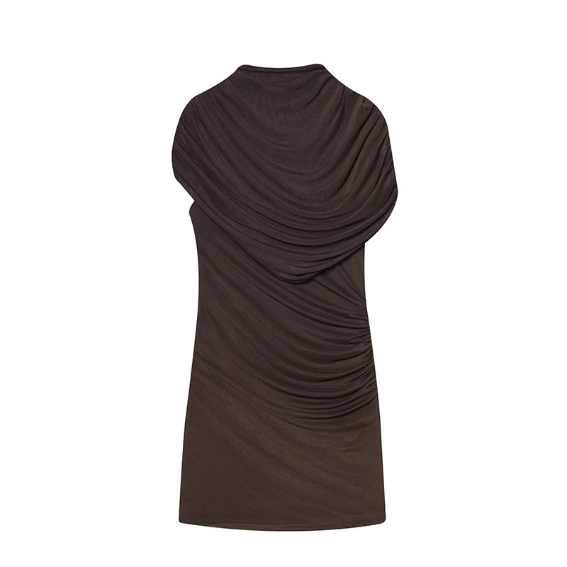 Thumbnail: Elegant Mesh Shawl Short Dress Women Pleated Half High Collar Sleeveless Female 