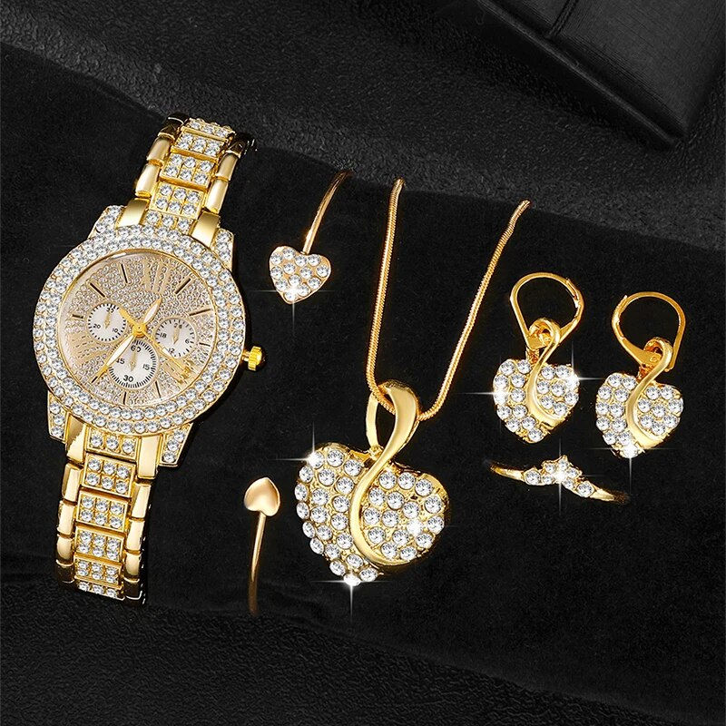 Women's Quartz Watch Gold Luxury Women Ring Necklace Earring Rhinestone Fashion