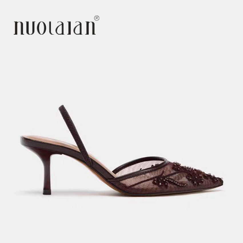 Thumbnail: 2026 String Bead Mesh Embroider Slingback High Heels Women Sexy Pointed Toe Heel