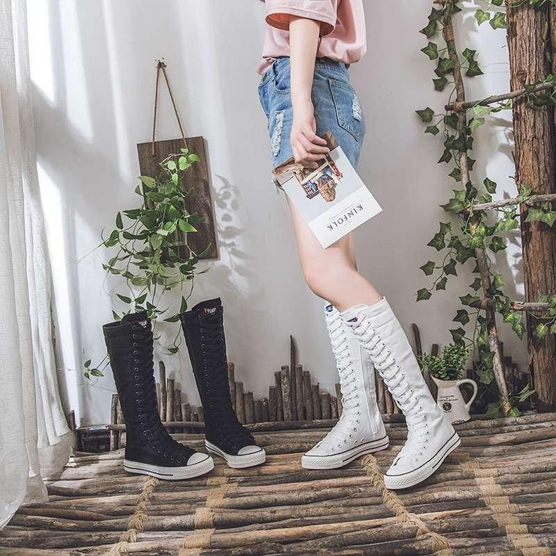 Thumbnail: Women's Casual Motion Canvas Knee-High Boot Cross Tied Side Zipper Comfortable F