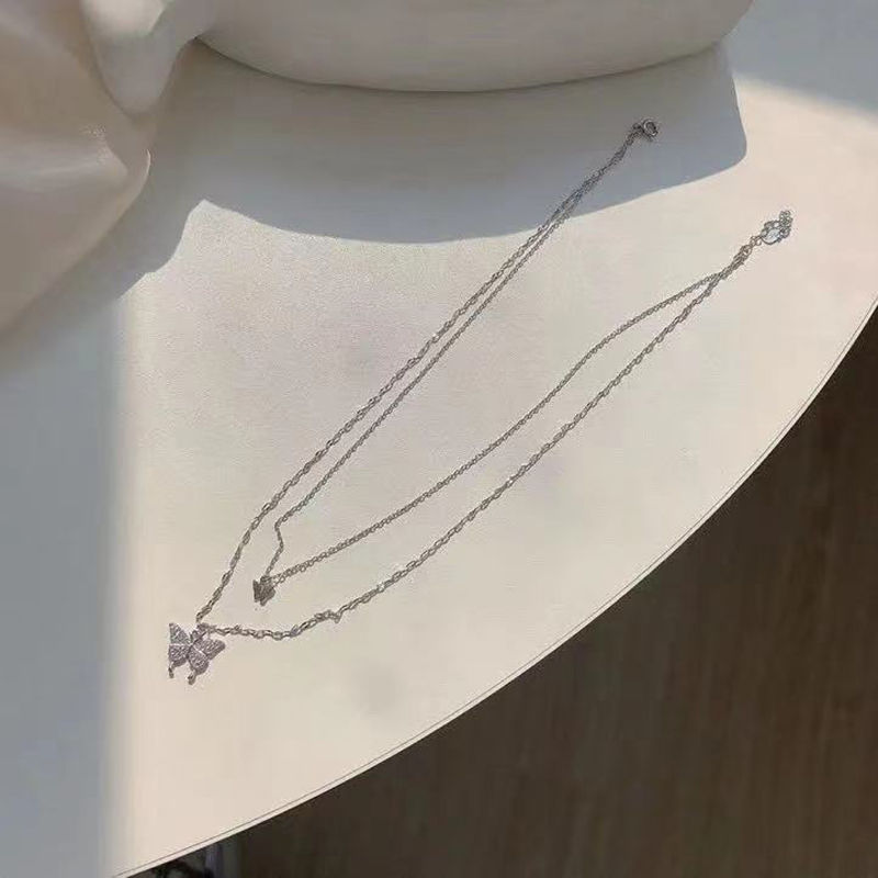 Thumbnail: New Shiny Butterfly Necklace Ladies Exquisite Double Layer Clavicle Chain Neckla