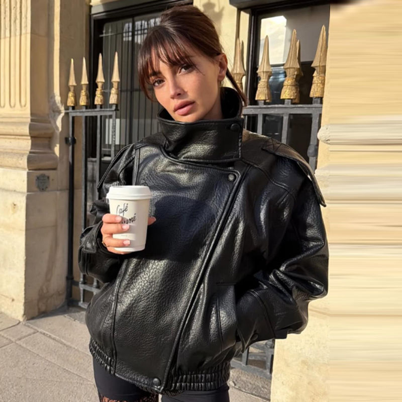 Thumbnail: HXAO New Arrival Women's Bomber Jacket Leather Black Jackets Cropped Oversize Ou