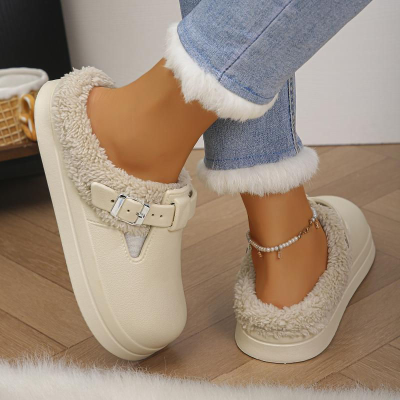 Thumbnail: Waterproof Eva Furry Mules Slippers Women 2025 Winter Metal Buckle Warm Plush Sl
