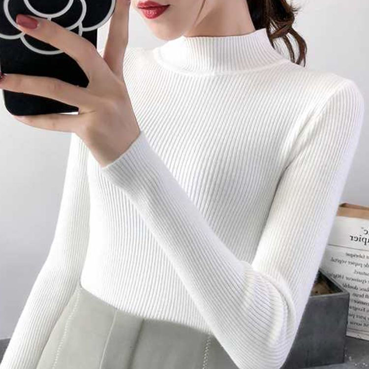 Thumbnail: Autumn Winter Mock Neck Women Sweater Vintage Basic Solid Knitted Tops Casual Sl