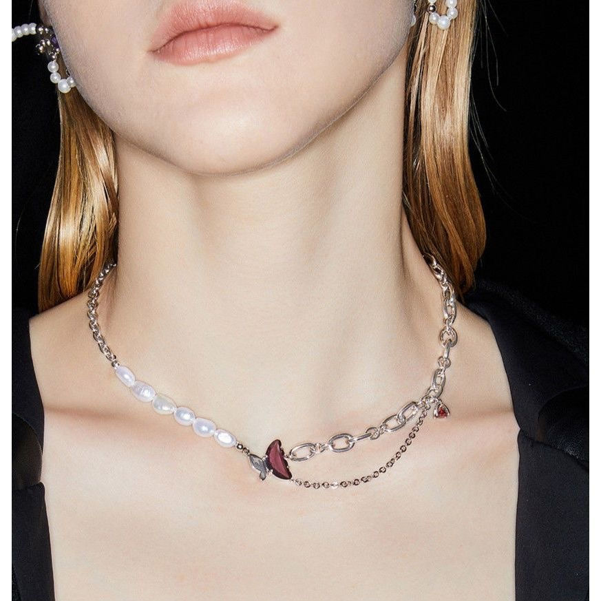 Thumbnail: New Shiny Butterfly Necklace Ladies Exquisite Double Layer Clavicle Chain Neckla