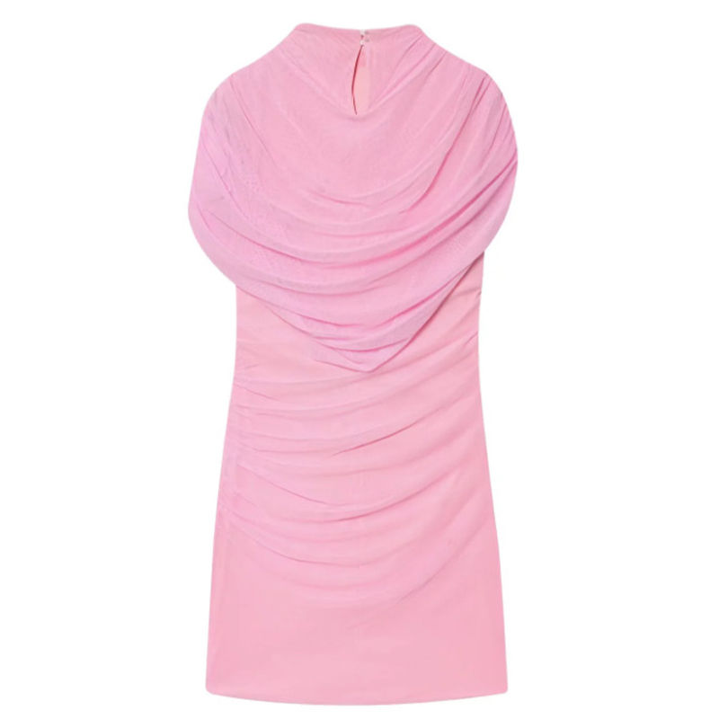 Thumbnail: Elegant Mesh Shawl Short Dress Women Pleated Half High Collar Sleeveless Female 