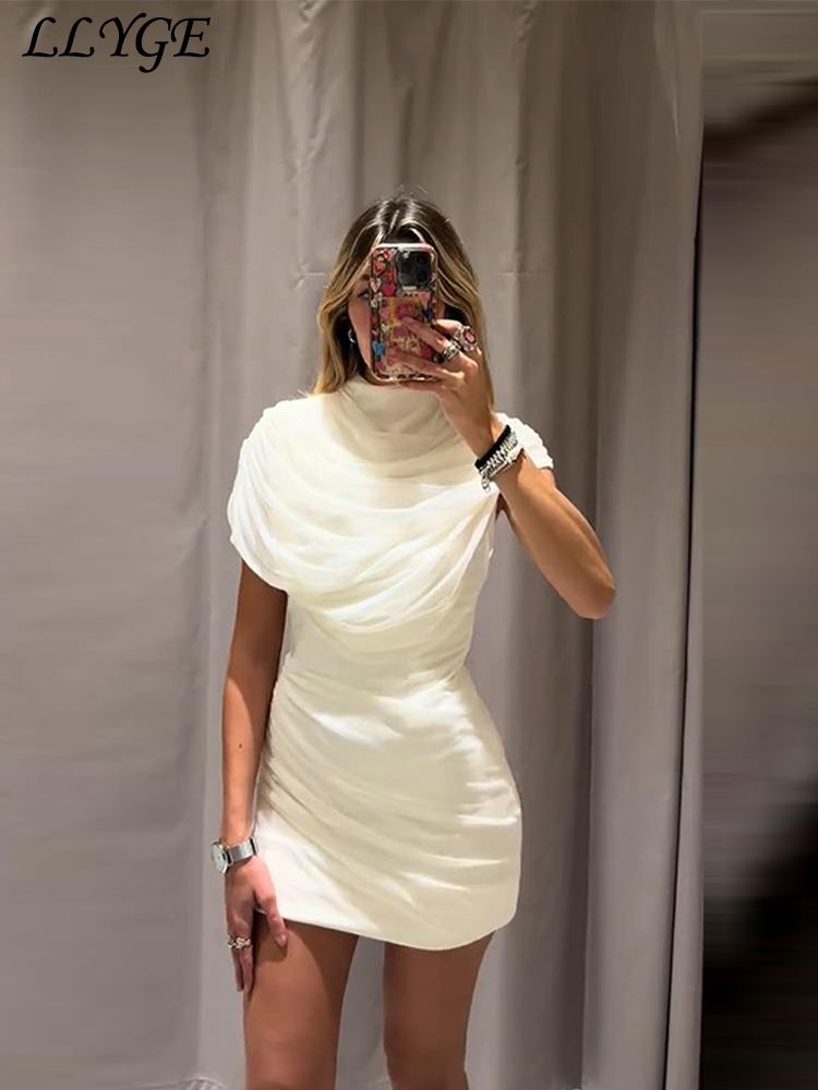 Thumbnail: Elegant Mesh Shawl Short Dress Women Pleated Half High Collar Sleeveless Female 