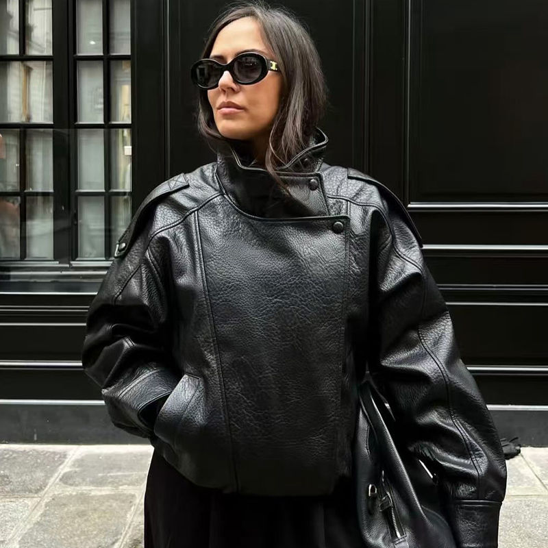 Thumbnail: HXAO New Arrival Women's Bomber Jacket Leather Black Jackets Cropped Oversize Ou