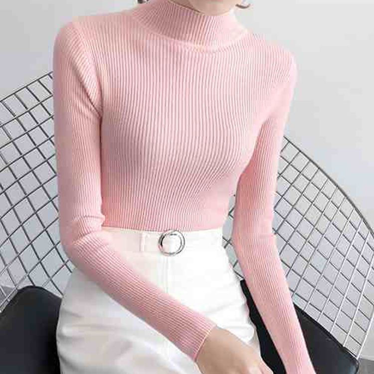 Thumbnail: Autumn Winter Mock Neck Women Sweater Vintage Basic Solid Knitted Tops Casual Sl
