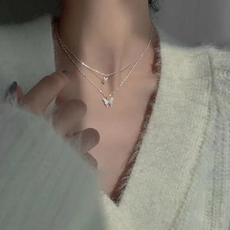 Thumbnail: New Shiny Butterfly Necklace Ladies Exquisite Double Layer Clavicle Chain Neckla