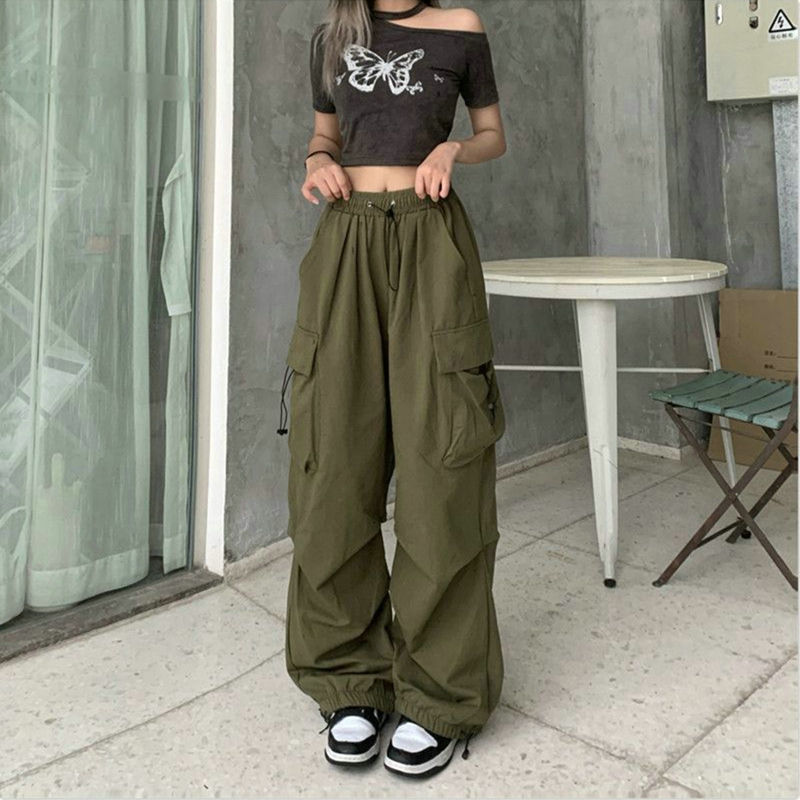 Thumbnail: Women Casual Cargo Pant Solid Low Waist Drawstring Big Pockets Wide Leg Baggy Tr