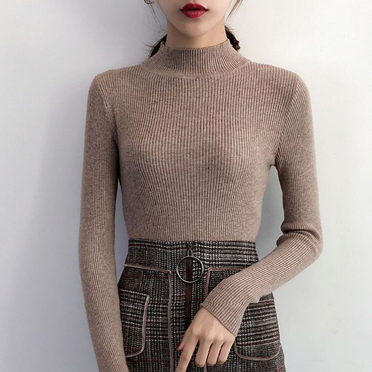 Thumbnail: Autumn Winter Mock Neck Women Sweater Vintage Basic Solid Knitted Tops Casual Sl