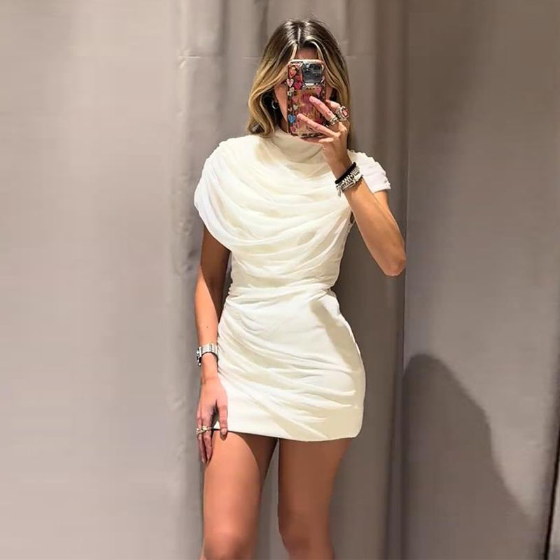 Thumbnail: Elegant Mesh Shawl Short Dress Women Pleated Half High Collar Sleeveless Female 