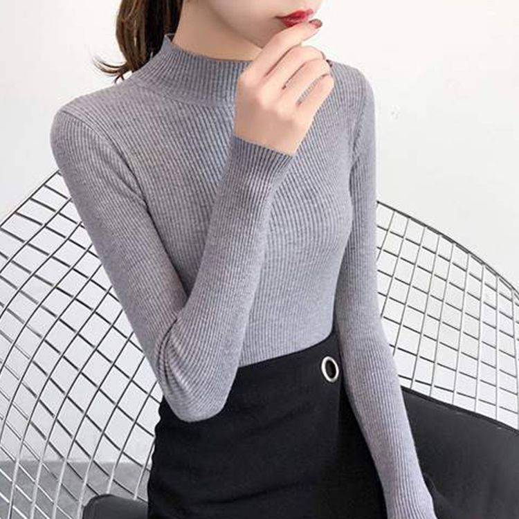 Thumbnail: Autumn Winter Mock Neck Women Sweater Vintage Basic Solid Knitted Tops Casual Sl