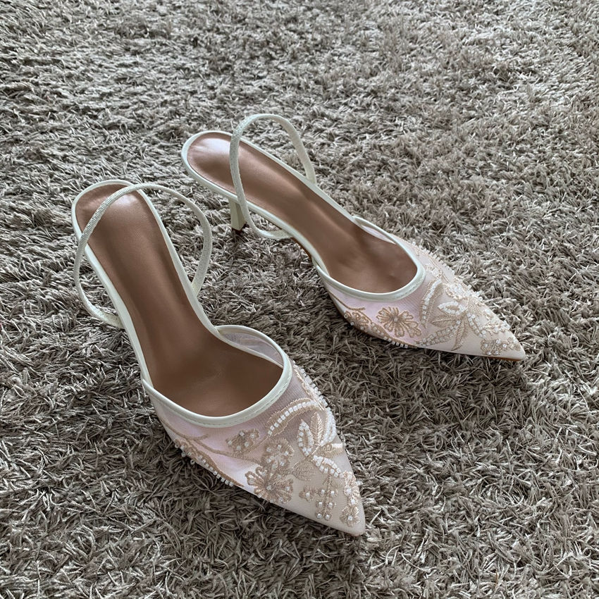 Thumbnail: 2026 String Bead Mesh Embroider Slingback High Heels Women Sexy Pointed Toe Heel