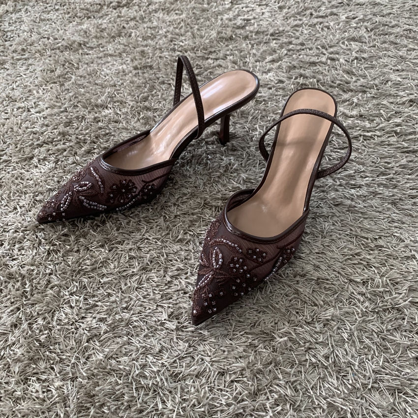 Thumbnail: 2026 String Bead Mesh Embroider Slingback High Heels Women Sexy Pointed Toe Heel