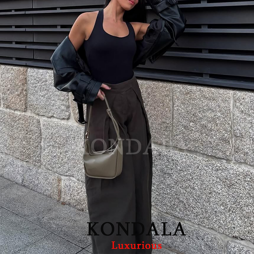 Thumbnail: KONDALA Casual Chic Wide Leg Pants Women Office Lady Pockets Pleated Long Trouse