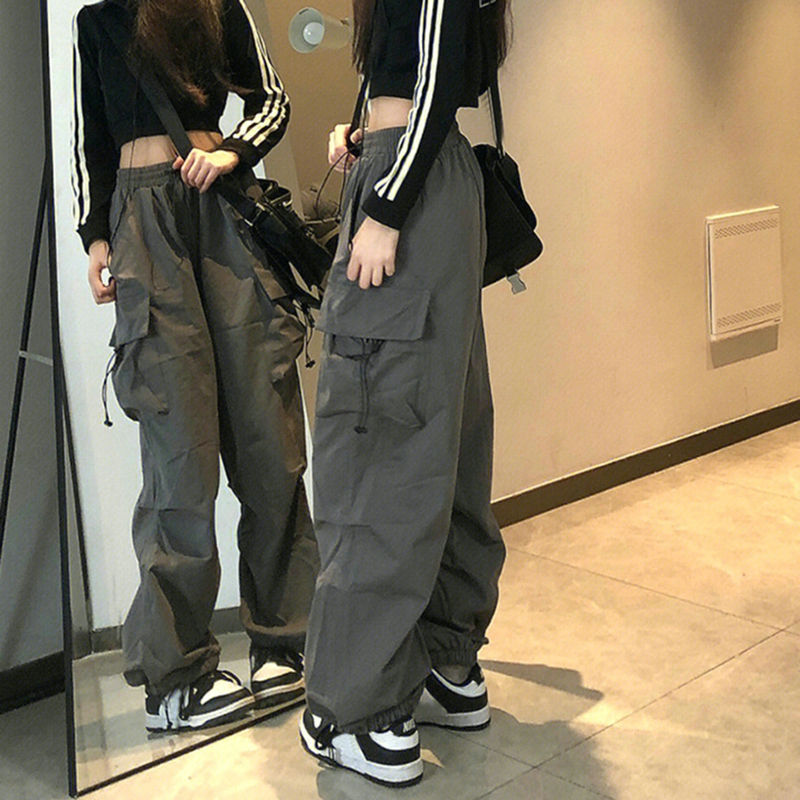 Thumbnail: Women Casual Cargo Pant Solid Low Waist Drawstring Big Pockets Wide Leg Baggy Tr