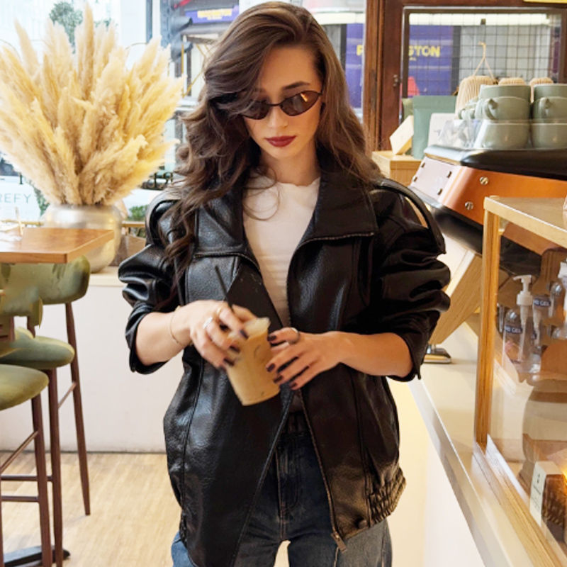 Thumbnail: HXAO New Arrival Women's Bomber Jacket Leather Black Jackets Cropped Oversize Ou