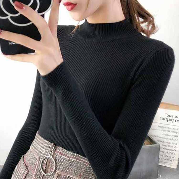 Thumbnail: Autumn Winter Mock Neck Women Sweater Vintage Basic Solid Knitted Tops Casual Sl