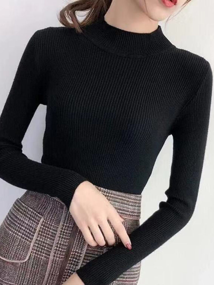 Thumbnail: Autumn Winter Mock Neck Women Sweater Vintage Basic Solid Knitted Tops Casual Sl