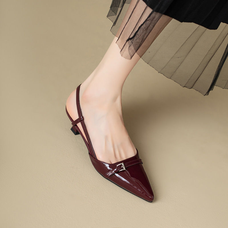 Thumbnail: 2024 New Summer French Wine Red Pointed Patent Leather Mid-heel Overhead Sandals