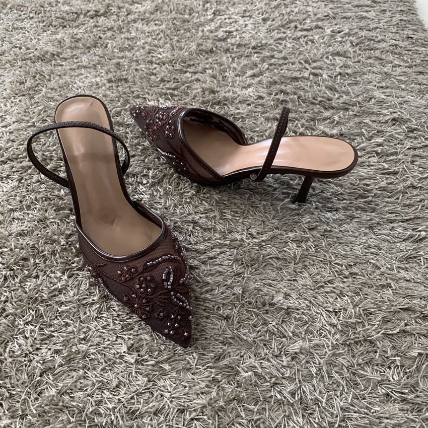 Thumbnail: 2026 String Bead Mesh Embroider Slingback High Heels Women Sexy Pointed Toe Heel
