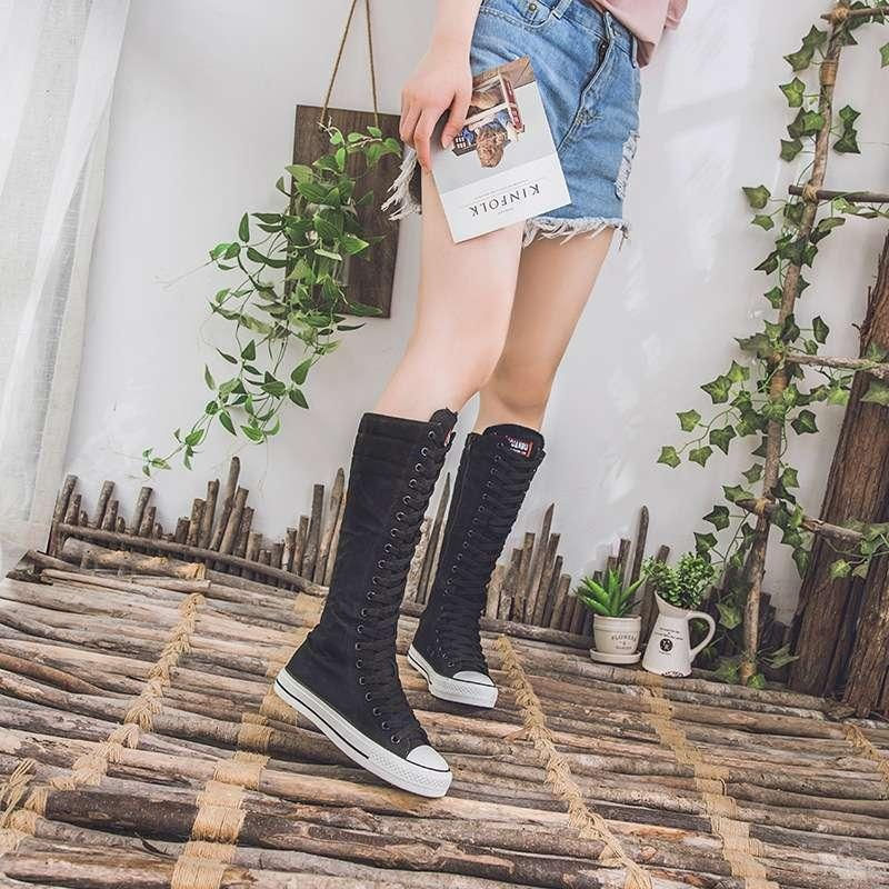 Thumbnail: Women's Casual Motion Canvas Knee-High Boot Cross Tied Side Zipper Comfortable F